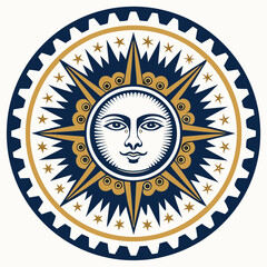 Celestial sun face emblem with gear and star accents.