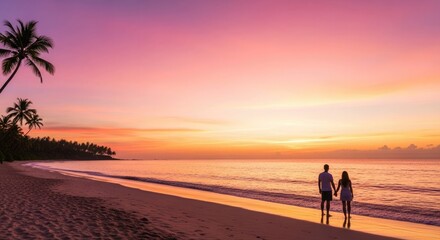 Fototapeta premium Couple beach sunset romantic palm trees ocean sea travel vacation honeymoon sunrise sky love paradise