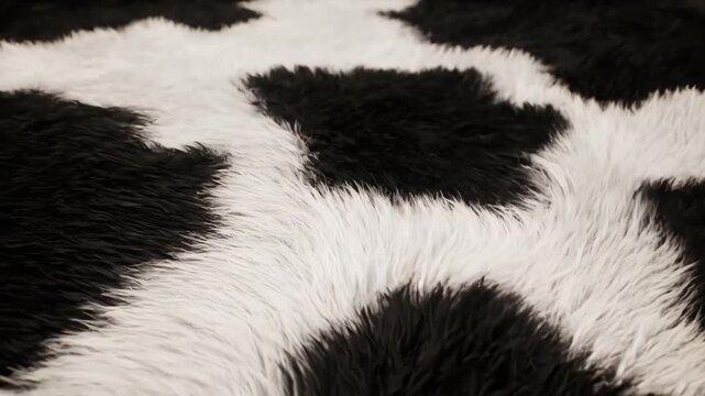 A close-up macro shot of a black and white cowhide rug showing the detailed soft and furry texture of the natural animal print pattern

