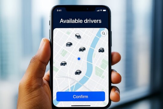 Fototapeta Hand holding smartphone showing ride-hailing app interface with available drivers on city map and confirm button on blurred city background. Ai generative