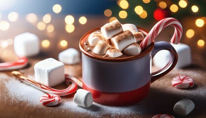Hot Chocolate With Marshmallows And Candy Cane In A Festive Mug A Cozy Winter Treat