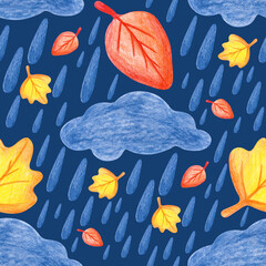 Seamless autumn pattern made with colored pencils. Botanical illustration with rainy clouds and autumn leaves on a dark background. A child's drawing. Autumn. For textiles, packaging, wallpaper