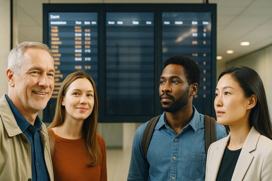 Group of diverse travelers standing in front of flight information board at airport terminal with modern transport background and soft light atmosphere. Ai generative