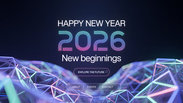 Abstract 2026 Happy New Year digital web banner template in futuristic glowing polygonal style on dark blue background.illustration