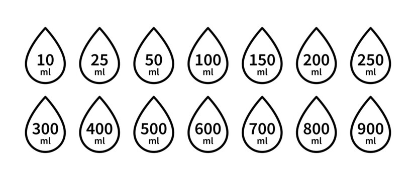 Water capacity icons set. Liquid volume symbol from 10 to 900 liters. Water drop line icon. Fluid volume. ML sign. Scale for liquid or ingredient. Vector illustration isolated on white background.