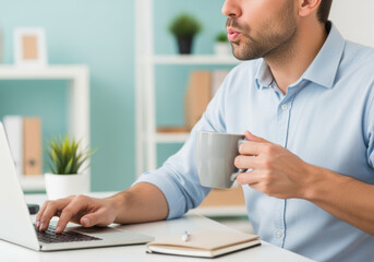 Young man working remotely on laptop while taking a coffee break in a modern home office with natural daylight