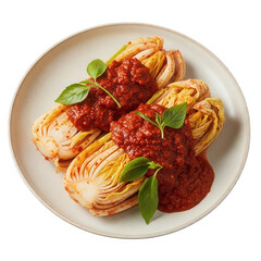 Napa cabbage with spicy paste and basil isolated on a transparent background