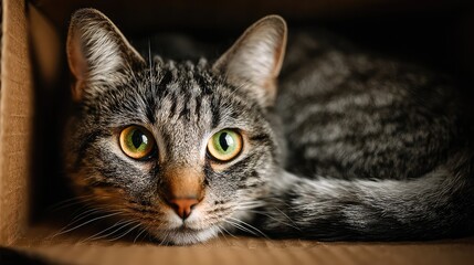 Fototapeta premium household. A gray tabby cat resting comfortably inside a cardboard box in a warm home setting. wildlife magazines, conservation campaigns, designed for nature documentaries and education.