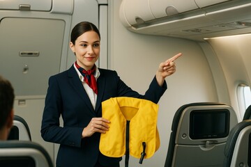 Flight attendant demonstrating yellow life vest and pointing during in-flight safety instructions inside airplane cabin with bright interior light background. Ai generative