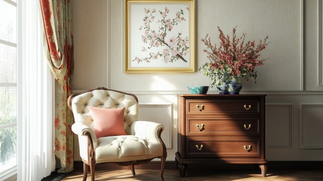 Elegant Interior Design: A Sunlit Room with Antique Chair and Chest of Drawers - Powered by Adobe