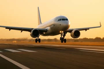 Fototapeta premium Commercial airplane taking off from runway at sunrise with golden light and blurred background in warm atmospheric scene. Ai generative. Ai generative