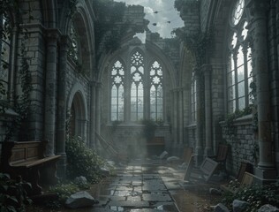 Fototapeta premium Gothic cathedral ruins creating eerie halloween atmosphere