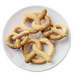 Overhead Shot of Golden Pretzels with Salt on White Plate Against Transparent Background Appetizing Baked Treat and Traditional Savory Snack