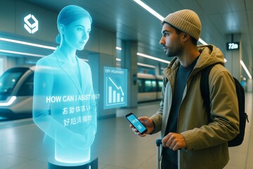 Futuristic traveler interacting with holographic assistant in high-tech train station environment with digital interface and smart technology.. Ai generative