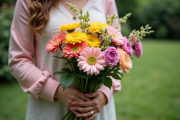 Woman holding colorful bouquet of flowers against garden backdrop in close-up view.