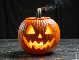 Fototapeta premium Jack-o'-lantern pumpkin glowing with spooky smoke