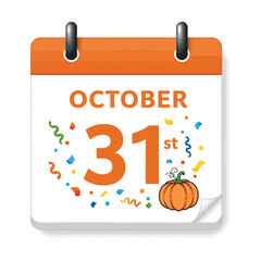 Calendar icon showing October 31st with a pumpkin and confetti vector illustration for Halloween or autumn events isolated on white