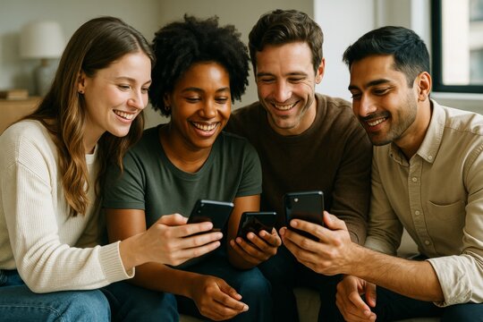 Group of young friends smiling while looking at smartphones together indoors in natural light on a cozy background. Ai generative