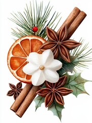 Christmas spices dried orange slices star anise and cinnamon stick cranberries and fir branch. Hand drawn watercolor illustration isolated on white background. Festive season botanical
