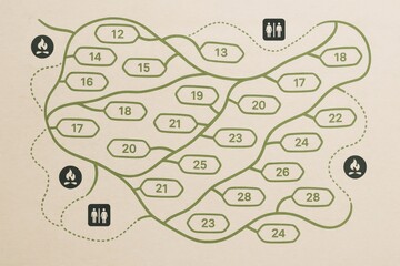 Abstract campground site map layout with numbered plots, hiking trails, and icons for restrooms and campfires on a light background. Ai generative