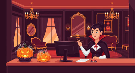 Modern Vampire Video Conferencing from her spooky office during halloween