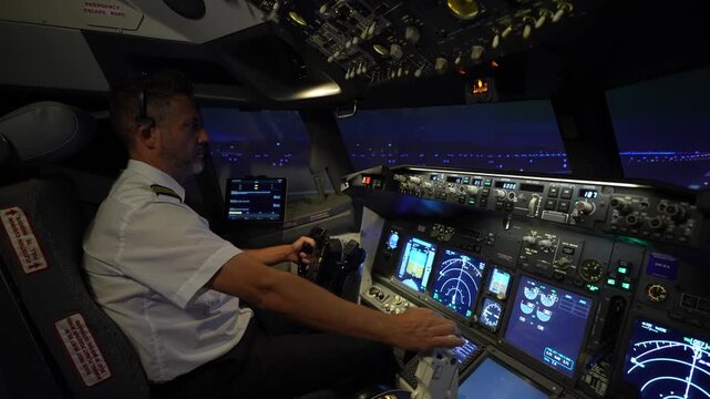 Commercial airline pilot piloting a plane during takeoff maneuver at night. Concept of aviation