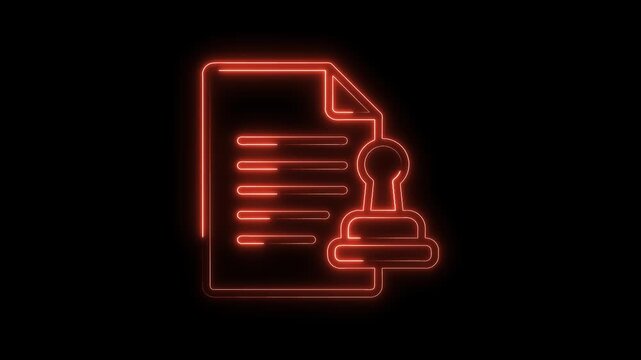 Neon document with rubber stamp animation on black background for approval sign concept