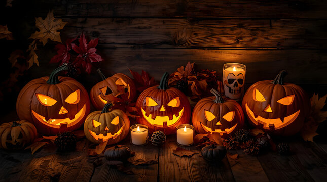 Glowing Halloween jack-o&rsquo;-lantern pumpkins with spooky carved faces surrounded by autumn leaves, pinecones, and candles on rustic wooden background