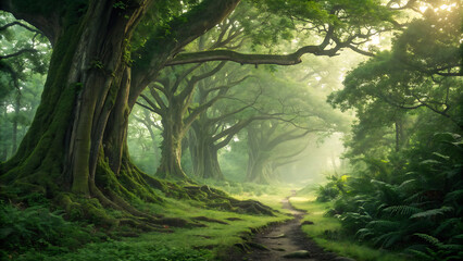 Naklejka premium The image is dominated by a variety of green hues, showcasing a rich tapestry of foliage.