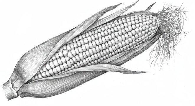 Detailed pencil drawing of an ear of corn with husk