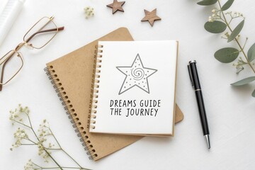 Notebook with star drawing and inspiring quote on a white surface