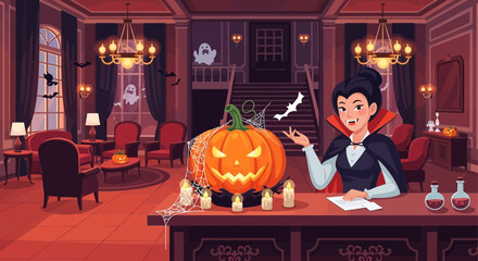 Whimsical halloween reception with charming vampire host in haunted mansion