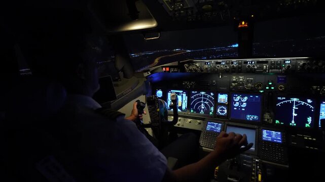 Commercial airline pilot flying airplane at night in cockpit