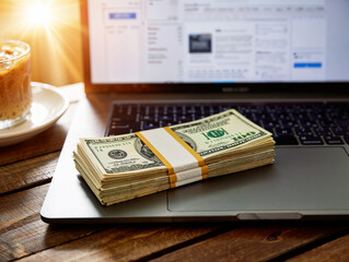 Obraz premium A close-up of an open laptop on a wooden table in natural sunlight. A neat stack of dollar bills (hundred-dollar bills) rests on the keyboard
