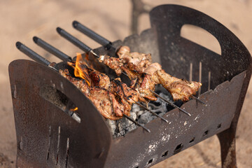 Lamb loin is fried on skewers on the grill