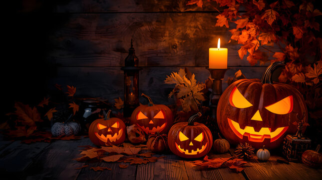 Glowing Halloween jack-o&rsquo;-lantern pumpkins with spooky carved faces surrounded by autumn leaves, pinecones, and candles on rustic wooden background
