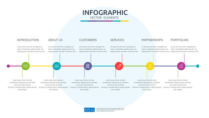 Vector Infographic Timeline 6 steps template, options, squares. Business process thin line. Use for presentations diagram, process, flow chart workflow, banner layout, info graph. infochart concept