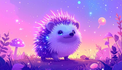 Adorable animated hedgehog standing amidst vibrant fantastical landscape