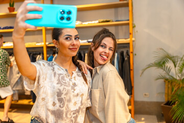 Two young women taking a selfie in a clothing store