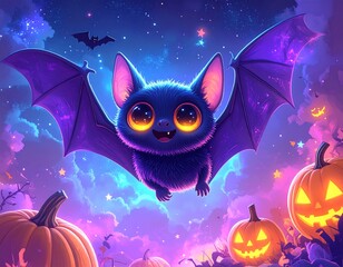Adorable cartoon bat with glowing eyes and pumpkins in nighttime scene