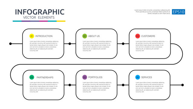 Vector Infographic Timeline 6 steps template, options, squares. Business process thin line. Use for presentations diagram, process, flow chart workflow, banner layout, info graph. infochart concept - Powered by Adobe