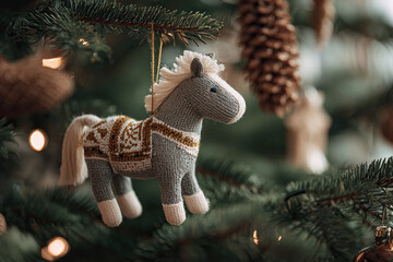 A cute little knitted horse ornament hangs on a green Christmas tree. New Year 2026.