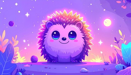 Adorable cartoon hedgehog in a fantasy night setting with stars and moon
