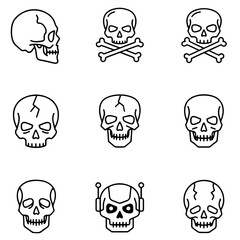 A set of nine black and white line art icons depicting various styles of human skulls, including a side profile, classic skull and crossbones, cracked skulls,
