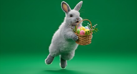 A fluffy gray rabbit hops with a basket of colorful Easter eggs.