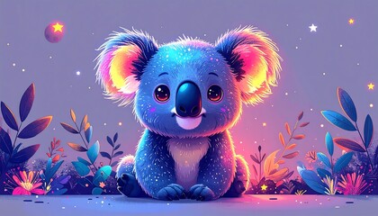 Adorable cartoon koala bear sitting with stars and plants illustration