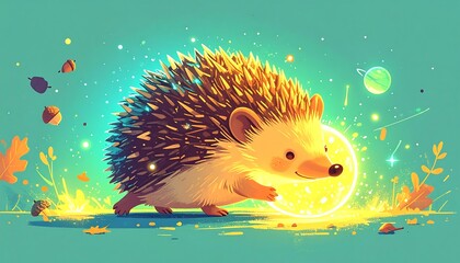 Adorable hedgehog illuminated by glowing light in whimsical illustration