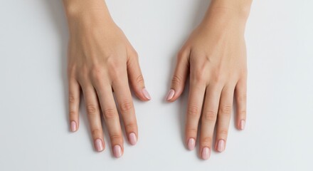 Fototapeta premium Well-groomed female hands with pink nail polish on a white background
