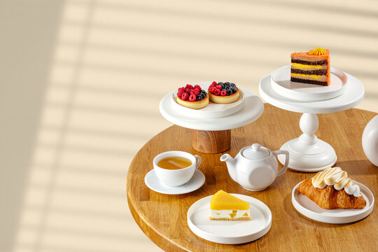 Assorted desserts at a cafe table