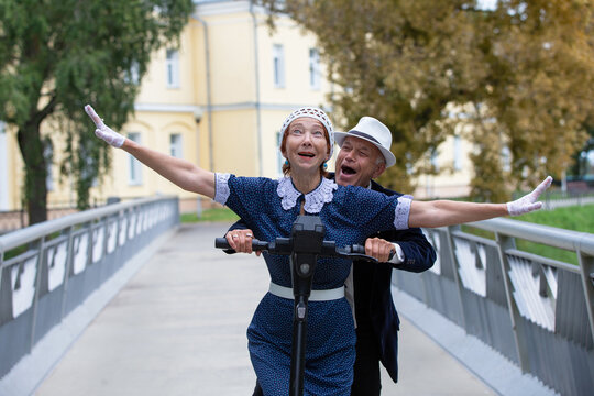 Elderly couple enjoying a playful moment